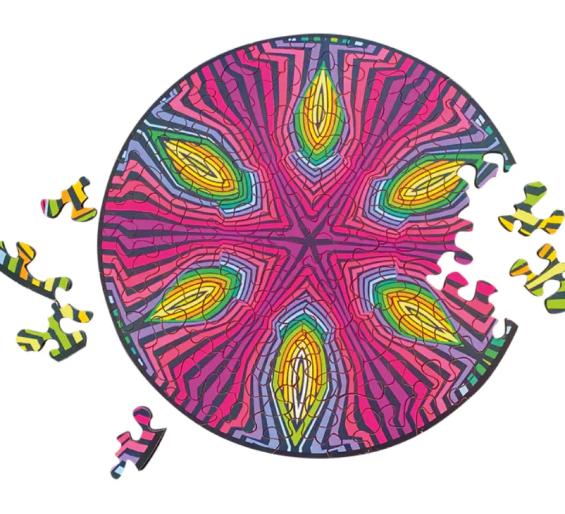 Curiosi Hippie - Dubbelzijdige Ronde puzzel in hout - 88 stukjes